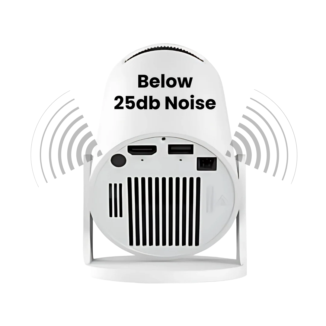 Rear view of portable projector with low-noise cooling system