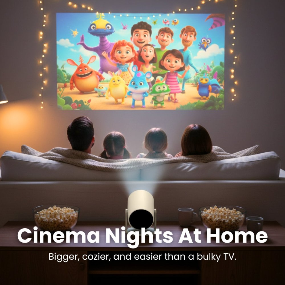 Family watching a movie with a portable projector