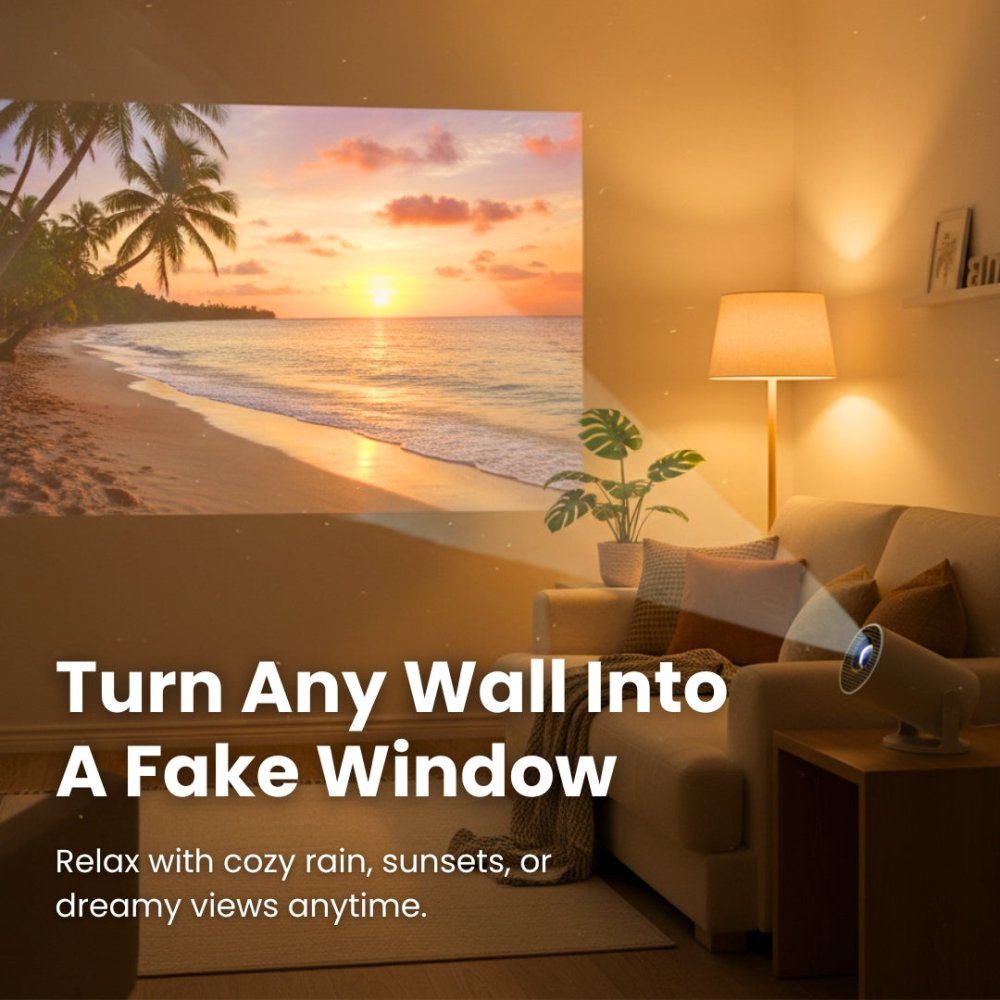 Portable projector displaying a relaxing beach scene on a wall